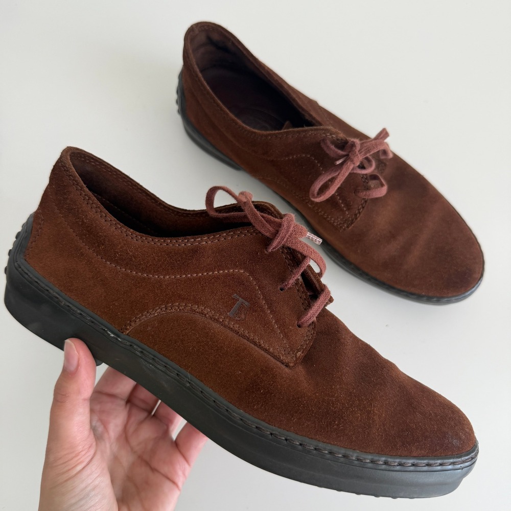 Tods Shoes Womens 9 Brown Suede Lace Up Derby Shoes Gommino Sole Made in Italy